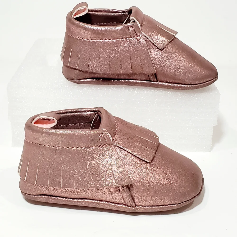 Cat & Jack Faux Leather Rose Pink Sparkle Fringe Moccasin Shoes Size 3-6M NWOT